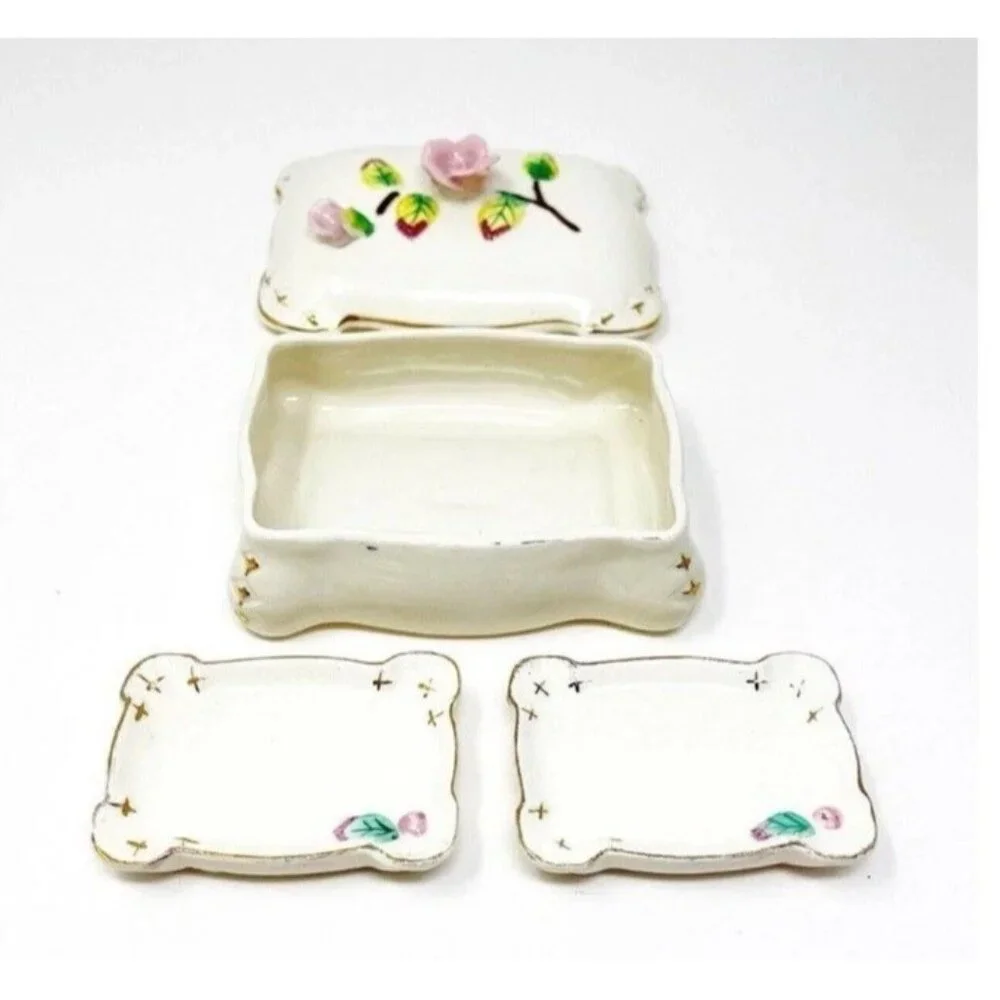 Vintage Japan Porcelain Trinket Jewelry Box w/ Rose Applied Flowers & Inserts